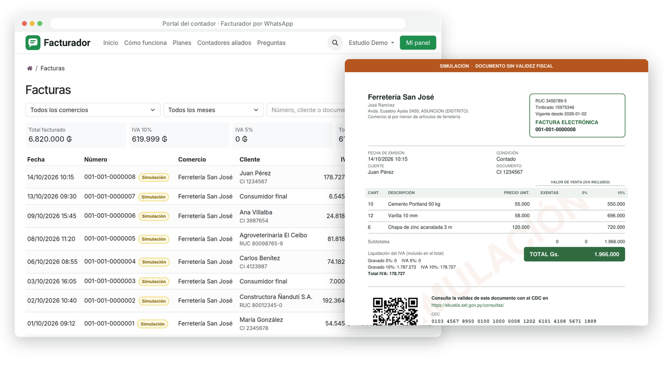 Portal del contador con la lista de facturas y una factura en PDF